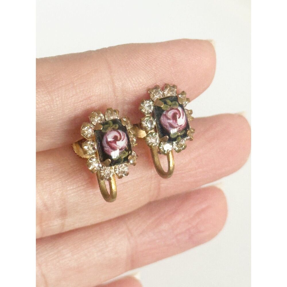 Whimsigoth Vintage Pink Rose Screw Back Earrings Black Guilloche Rhinestone